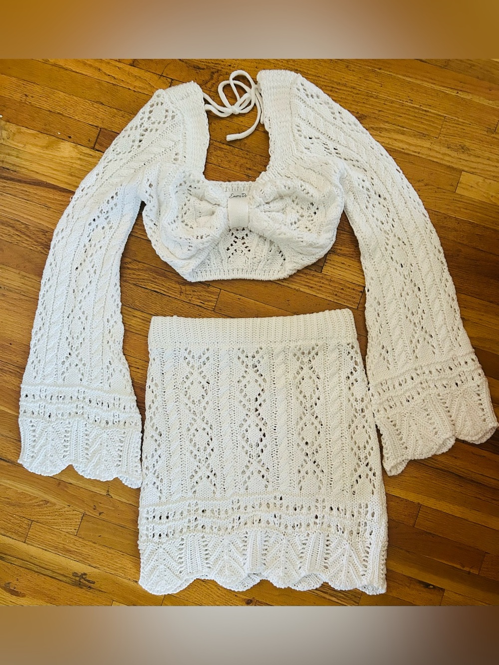emory park White Crochet Knit Two-Piece Off-the-Shoulder Sweater Set